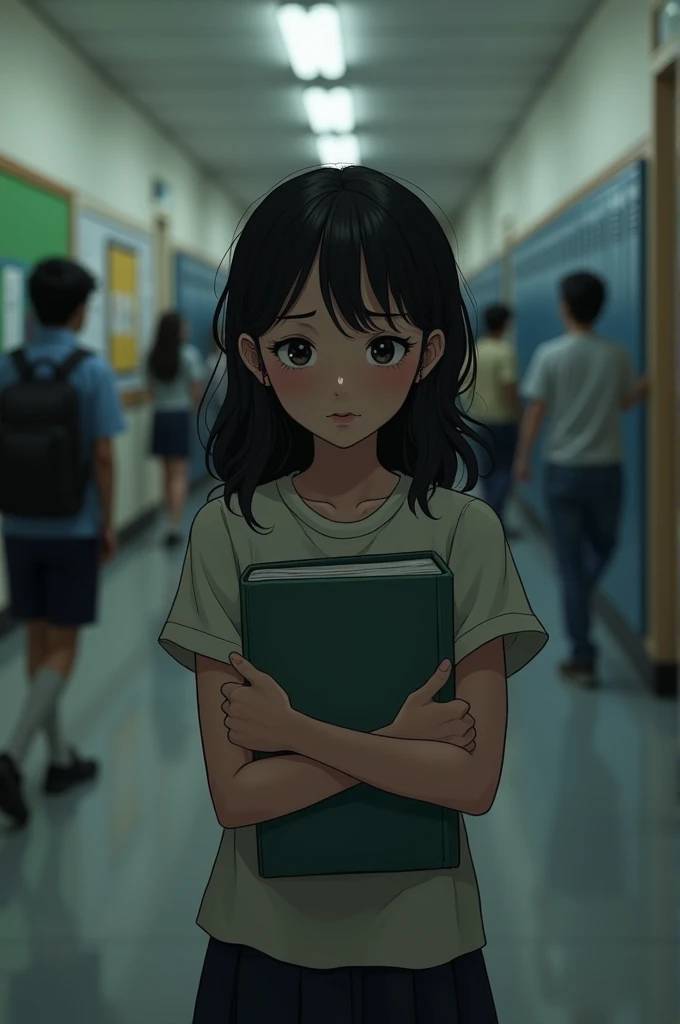 Sofea sad when overhears conversation bad things about her while holding books in chest at school