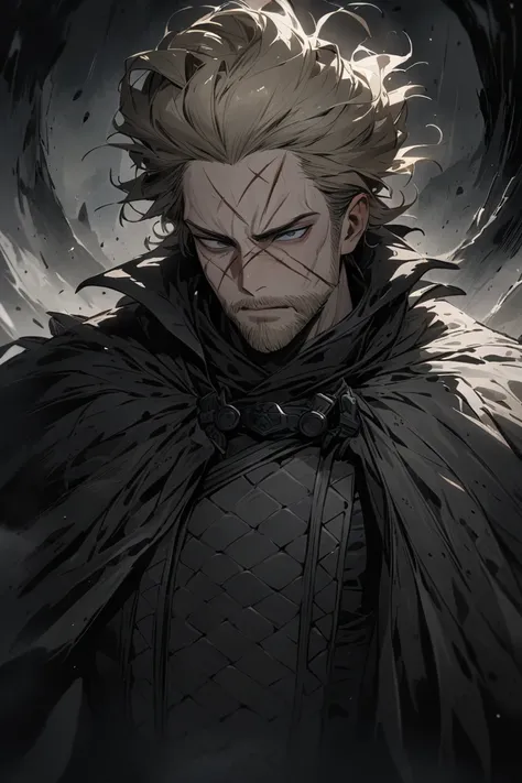 young man, Three-day beard ,Male blonde, dark tunnels ,Rot & black colors, Grey eye ,  scoundrel wear ,  cape, Have scar , (masterpiece), ( best quality), (Ultra Detailed), very aesthetic, Illustration, tousled hair,  perfect composition, Moist skin, compl...