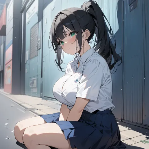 1 girl, masterpiece, black hair in long ponytail, green eyes, beautiful face, big breasts, wide hips, sits on the ground, street, sad, tears in the eyes, white school shirt, black cropped jacket, blue skirt, hugging her legs to herself