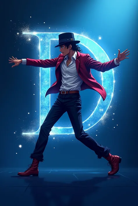  Generate a logo on the art and drawing , with the letter D ,  with blue tones and elements related to Michael Jackson anime style