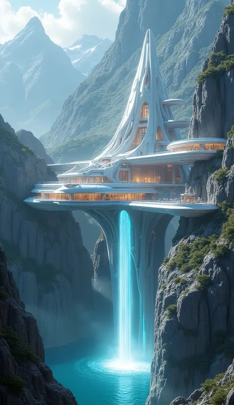 A colossal, sci-fi-inspired mega-mansion built into the side of a mountain with structures that extend into the open air. The house is made of transparent and glowing materials, with floating platforms and sky bridges connecting different parts of the mans...