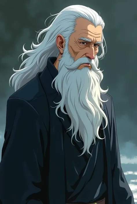 Male anime character white hair white beard long black sweater 