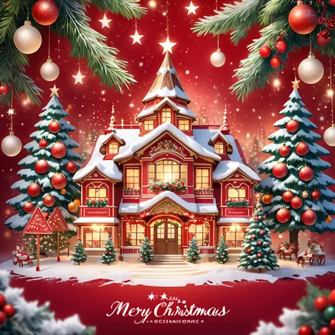 Merry Christmas greetings with fir branches and decorations, "Merry Christmas", Christmas background image with lots of Christmas details, Blurred red background, Decorated Christmas Tree with Ornaments & Lights 🌟 💕 🎀, Lots of decorated ornaments, stylish ...