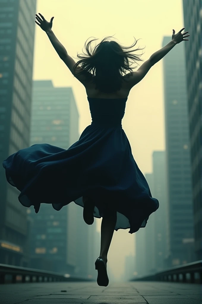  Make a cover of the shadow of a woman with a dress attached to her body, with jump,  medium hair and from the back to the camera , And far away from the screen ,  and at the bottom of the image a city  