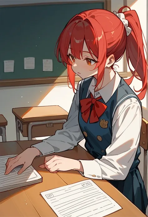 High school girl、uniform、 Japanese、Red Hair、 ponytail、Tall、 having a conversation 、Silent、 No Emotion、alone、High image quality、 anime style、Parameter table