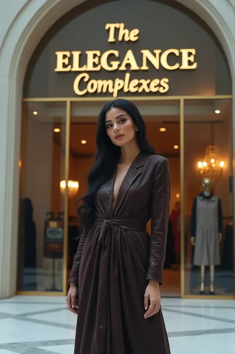 The singer Ahlam stands in front of a clothing store and the name of the shop appears as the elegance complexes 