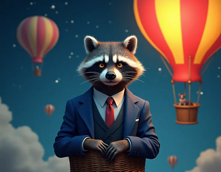 Adult Tall Gray Aggressive raccoon With amber eyes In a classic blue suit and tie There is a bright flying balloon in the basket against the starry night sky Leans his hands on a basket