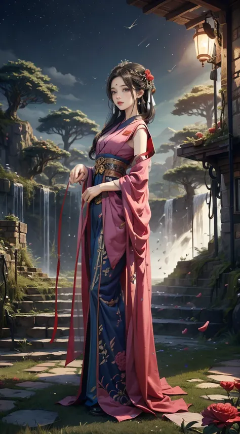 Original，（illustratio：1.1），（best qualtiy），（tmasterpiece：1.1），（the Extremely Detailed CG Unity 8K Wallpapers），（a color：1.2），1 God of roses，goddes，，ancient costume，Hanfu，best qualtiy，Extremely detailed jewelry，Plum petals，scenecy，rios|Wagas，