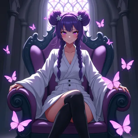 Anime. Narrowed light lavender faded eyes. Smug smile. A young woman with purple hair. Styled in long twin braids and twin buns. Dressed in a white psych patient uniform with a short skirt, kimono sleeves, and thigh high black platform heel boots. Posing l...