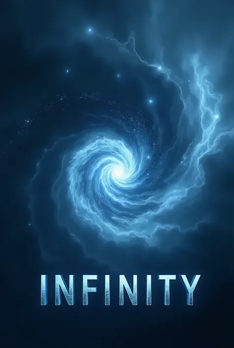 The words "INFINITY" written in large letters at the bottom of the screen, ((masterpiece, highest quality, Highest image quality, High resolution, photorealistic, Raw photo, 8K)), ((Extremely detailed CG unified 8k wallpaper)), (depicting a dark blue galax...