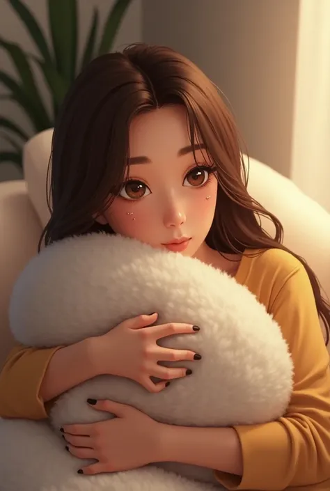  A style that combines realistic depiction with the subtlety of animation、20歳くらいの長いBrown Hairの女の子、Loungewear、 Brown Eyes  、Brown Hair、Heart mark on cheek、 hug a cushion 、live-action