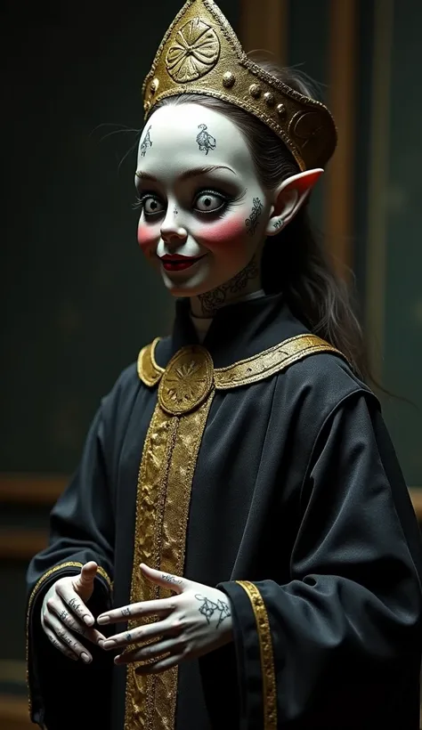 "Create a hyper-realistic, full-body image of a ventriloquist doll dressed as a dark, sinister version of the Pope. The doll has a chilling smile, glassy eyes with a penetrating stare, and tattoos of cryptic symbols covering her neck and hands. Her attire ...