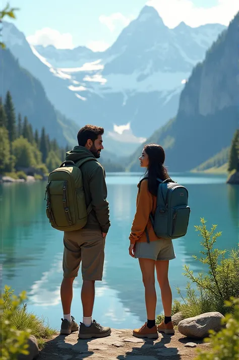 Two young travelers, Raj and Simran, accidentally meet at a scenic lake in Switzerland, with snow-capped mountains in the background."