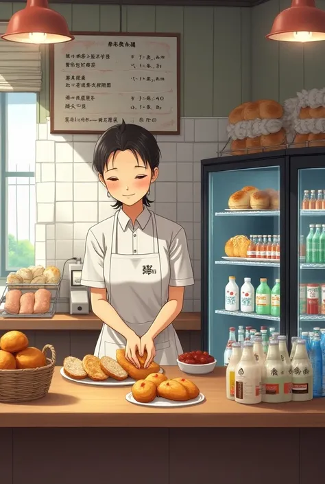 Ultra-realistic image of a Japanese high school snack shop. The scene includes metal shelves stocked with freshly baked bread like melon pan, curry bread, and sandwiches, all carefully wrapped and labeled. A glass-fronted refrigerator on the side holds a v...