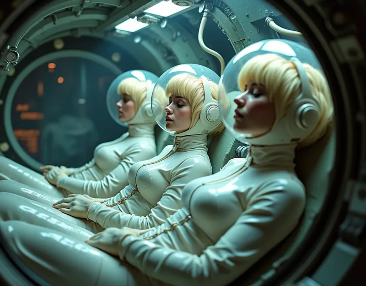 Three Blonde women in a   futuristic space biomechanical hypersleep cryo pods suit with bubble helmet, lying in a space capsule ,  bio organic, influenced by hr giger, wires, pipes, pistons, in a blade runner spacecraft corridor,  steam an pulsing lights, ...