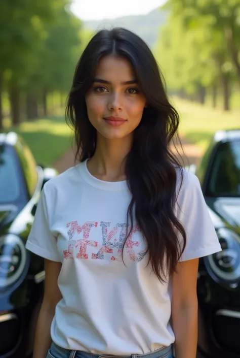 Beautiful punjabi girl in white printed t shirt standing in centre of real black "Lamborghini urus" and "black Porsche rs gt3" , background location punjab farms link road, 4k hd detailed pic, realistic pic