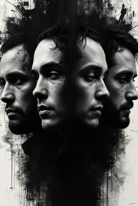  generates a disc cover, 4 male human faces . photoshop. chaos.  black and white . Collage