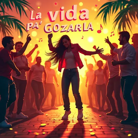  Create a vibrant and energetic cover for a salsa single with a celebration of life theme.  The image must convey joy , rhythm and energy . in the center,  shows a person dancing with enthusiasm ,  surrounded by bright colors such as red ,  yellow and gree...