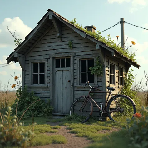 A tiny, rundown wooden shack with missing planks and a leaky roof, set in an overgrown field. The windows are cracked, and the door is barely hanging by its hinges. Surrounding the house are wild plants and a rusted, broken bicycle leaning against the wall...