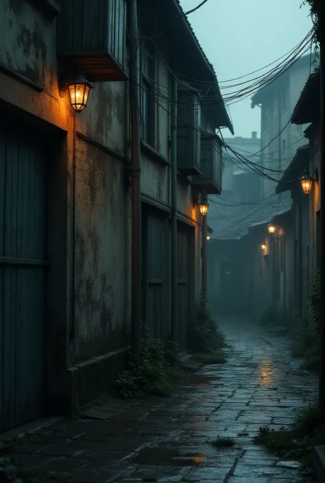 a wall with a rural theme in a dark and rainy alley
