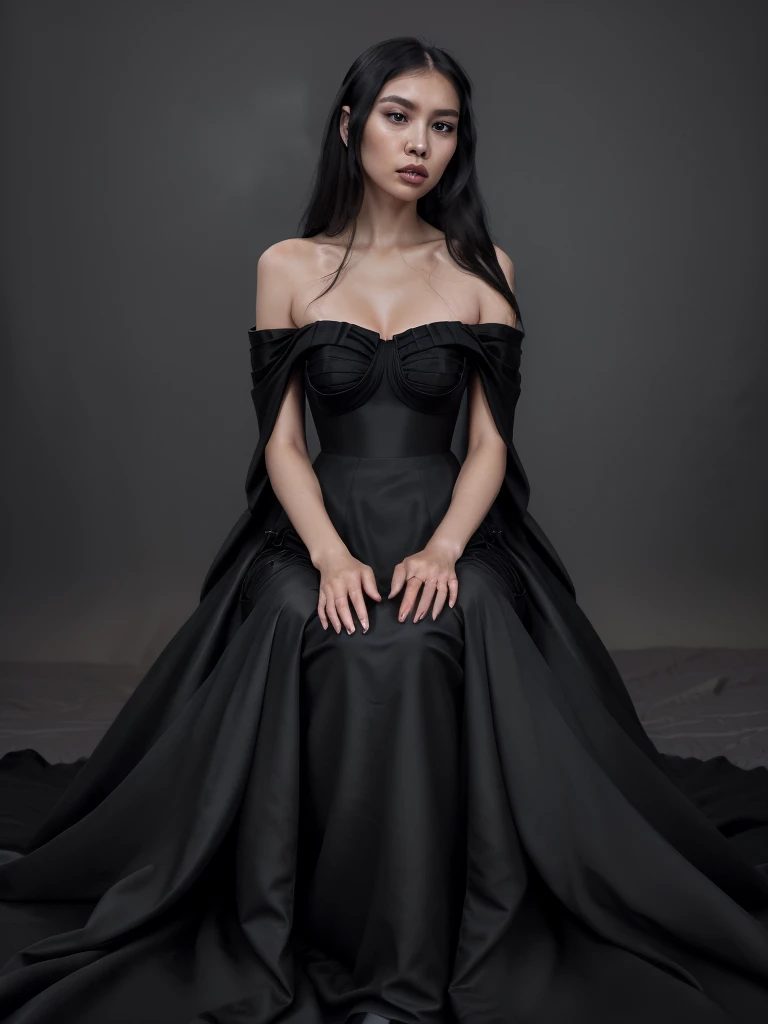 a close up of a woman in a black dress sitting on a bed, official photos, black gown, wearing long gown, wearing an evening gown, flowing black gown, solo photoshoot, official artwork, stunning elegant pose, glossy magazine photoshoot, wearing a black dres...