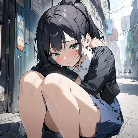 1 girl, masterpiece, black hair in long ponytail, green eyes, beautiful face, big breasts, wide hips, sits on the ground, street, sad, tears in the eyes, white school shirt, black cropped jacket, blue skirt, hugging her legs to herself, close view