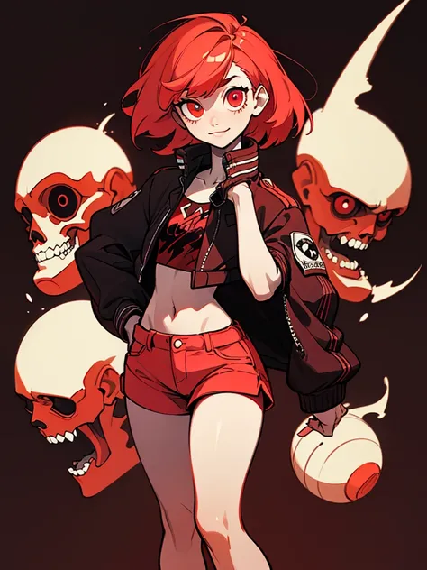 (masterpiece, best quality:1.6), solo, thick outline, (simple background, dark red background, monochrome, dark red theme:1.2), official art, key visual, 8k, absurdres, full body, (unique hair, punks jacket, hotpants, arch back, short torso:1.2), navel, th...