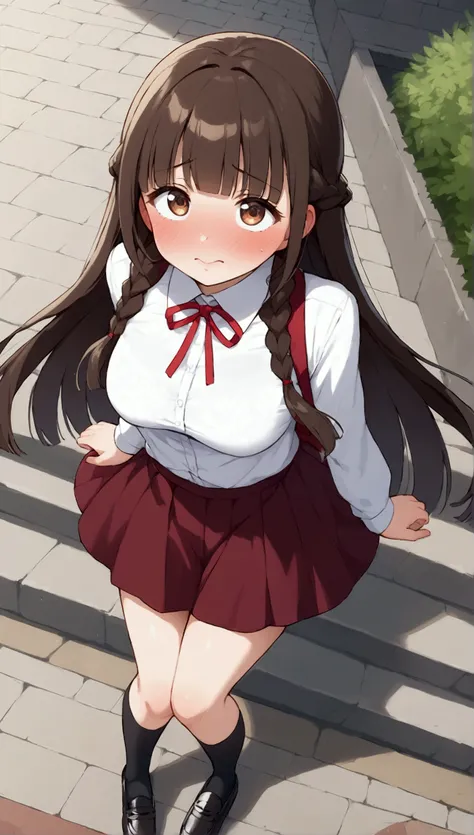 {Best Quality], [Very beautiful], [Ultra fine], [Best illustration],sauce_anime,stand,Brown Hair,hime cut,Long Hair,Braids,Excited face,Cutesy,High school girl, shirt ,skirt,Beautiful breasts, black high socks, black loafers , slender, make you blush,Woman...