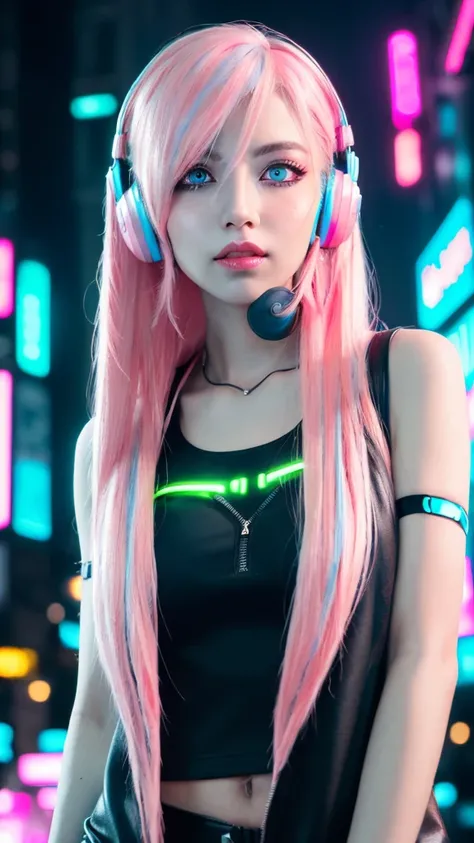 masterpiece, Highest quality, 4K, Realistic,1 perfect portrait of a cute girl, (A fascinating eye for perfect detail:1.2), Silver Hair, (Gradient Hair), (Neon blue and pink soft long hair:1.6), (Wearing headphones:1.2),  (Harajuku Fashion), Cinema Lighting...