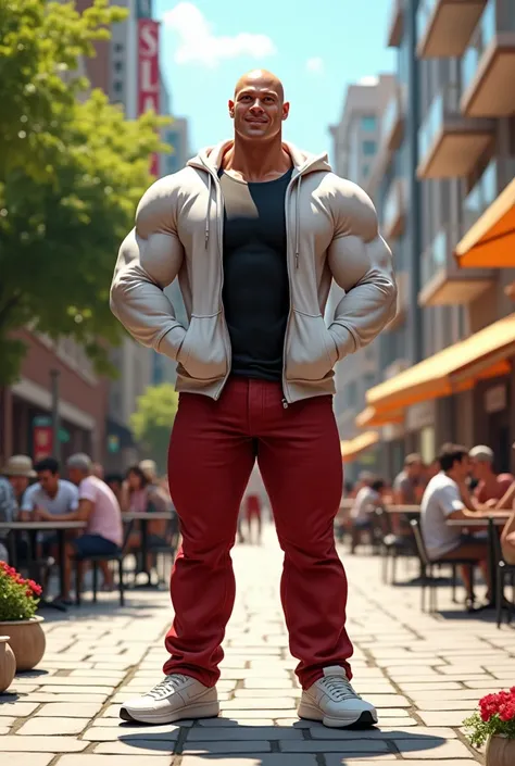 A muscular, professional bodybuilder standing confidently in a vibrant outdoor plaza. He is wearing white sneakers, long red mens jeans, and a white hoodie with long sleeves. The bodybuilder has a shaved head, pale skin, and an incredibly defined, muscular...