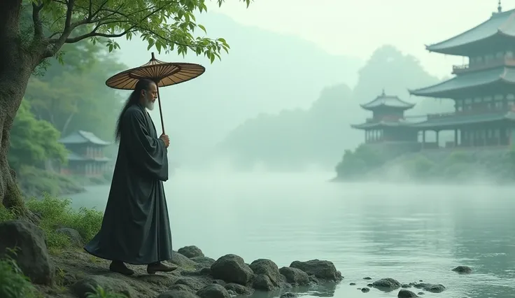 "Zen master with an umbrella walking along a misty river near a temple, calm and detailed, ultra-realistic"