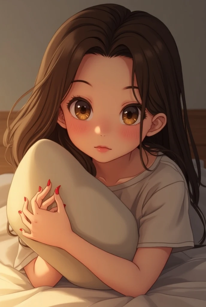  A style that combines realistic depiction with the subtlety of animation、20歳くらいの長いBrown Hairの女の子、Loungewear、 Brown Eyes  、Brown Hair、Heart mark on cheek、 hug a cushion 、live-action