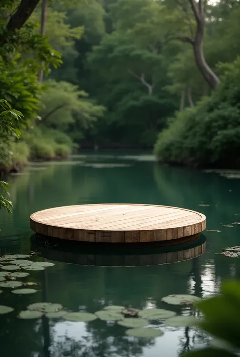 A natural pond. In the middle is a circle flat wood . The wood is close,  4k hd quality photo.