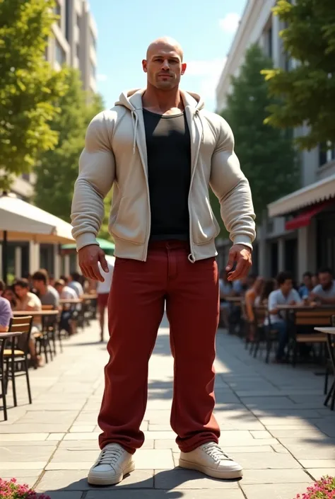 A muscular, professional bodybuilder standing confidently in a vibrant outdoor plaza. He is wearing white sneakers, long red mens jeans, and a white hoodie with long sleeves. The bodybuilder has a shaved head, pale skin, and an incredibly defined, muscular...