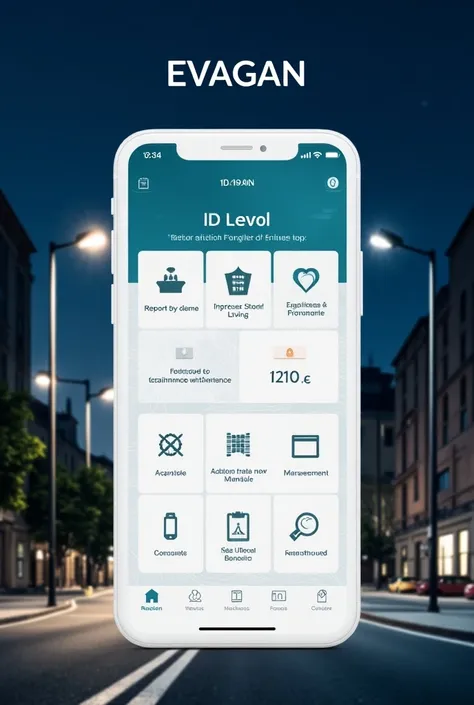 Create the layout of an app called theevagan which made to be connected to a special street light called AMSL which work with the help of ai and motion sensor this app enables maintain and repair the light by normal public make image of app