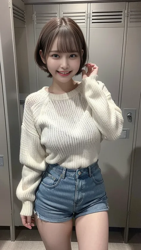 (chubby),(((white long sleeve knit, denim short pants)))、 ((((brown very short hair)))),(((grin face, scornful eyes:1.2)))、 japa...