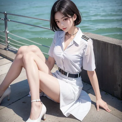 score_9, score_8_up, score_7_up,  25 year old beautiful Chinese woman。Short hair，Tie it up。slim fit short sleeve white navy shirt，Epaulettes，collar ，Badge，armband。 with open neckline ，clavicle，Cleavage。 white navy belt ,  white navy skirt to thigh。 white h...