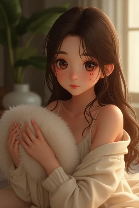  A style that combines realistic depiction with the subtlety of animation、20歳くらいの長いBrown Hairの女の子、Loungewear、 Brown Eyes  、Brown Hair、Heart mark on cheek、Hold the cushion tightly、live-action