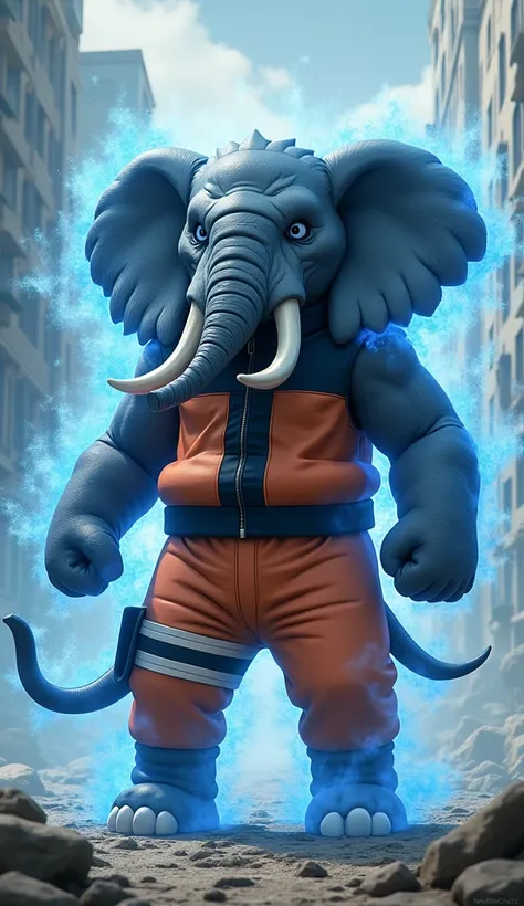 "Imagine Naruto fused with an elephant: his body is muscular with a trunk on his face. His face has the elephants features but still has bright blue eyes and whisker markings on his cheeks. Narutos signature orange and black jacket is fused with an elephan...