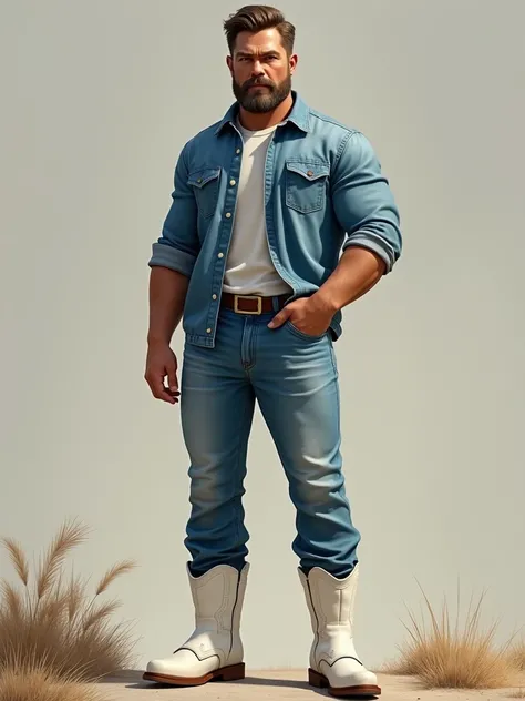 blue jeans shirt man and ligra light blue jean pant and white boots men realistic 4k