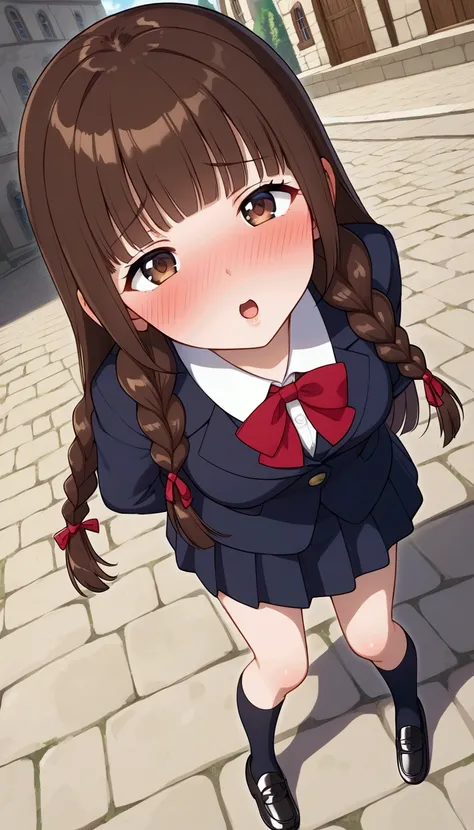 {Best Quality], [Very beautiful], [Ultra fine], [Best illustration],sauce_anime,stand,Brown Hair,hime cut,Long Hair,Braids,Excited face,Cutesy,High school girl, shirt ,skirt,Beautiful breasts, black high socks, black loafers , slender, make you blush,Woman...