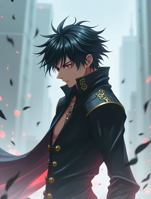 Man with black hair and red eyes anime version 