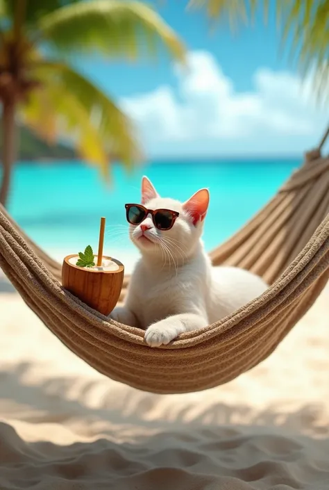 Cat lounging in a hammock on a tropical beach, sipping a coconut drink with tiny sunglasses, relaxing like its on vacation."