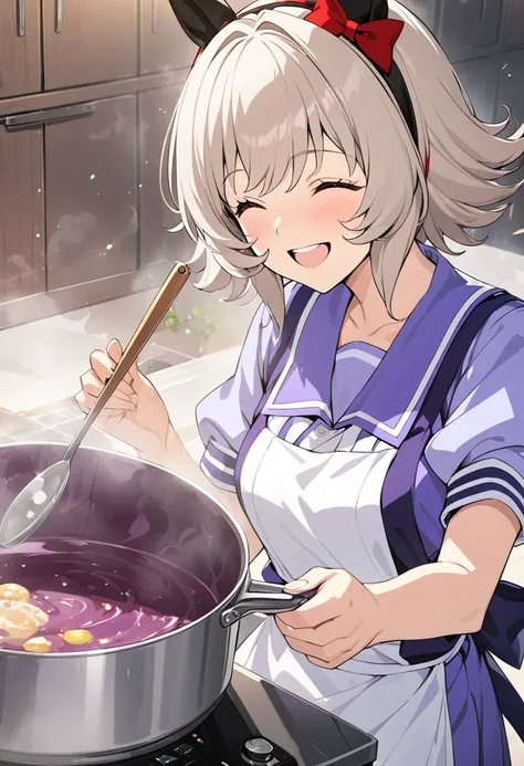 masterpiece , 1 girl , detailed game cg , recent , Curren Chan (umamusume) , tracen school uniform , frilled pink apron , brilliant smile , humming , happy , steam , cooking , hold a ladle , stockpot on dark purple stew , kitchen ,