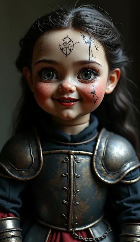 "Create a hyper-realistic, full-body image of a ventriloquist doll dressed as a dark, battle-worn Joan of Arc. The doll has a sinister smile, cracked around the edges, with a haunting gaze from her glassy eyes. Faded tattoos with cryptic, medieval designs ...