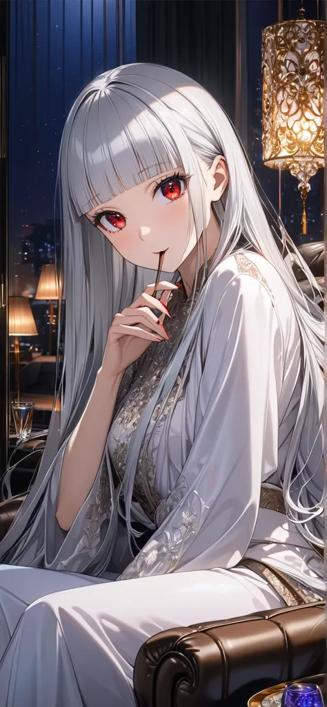 Ultra high resolution, rich colors, perfect image, best quality, detailed image, beautiful woman, glowing skin, texture of skin and clothes, delicate eyes, night, living room, sitting in a chair, drinking alcohol, eating Pocky, (((silver hair blunt bangs l...