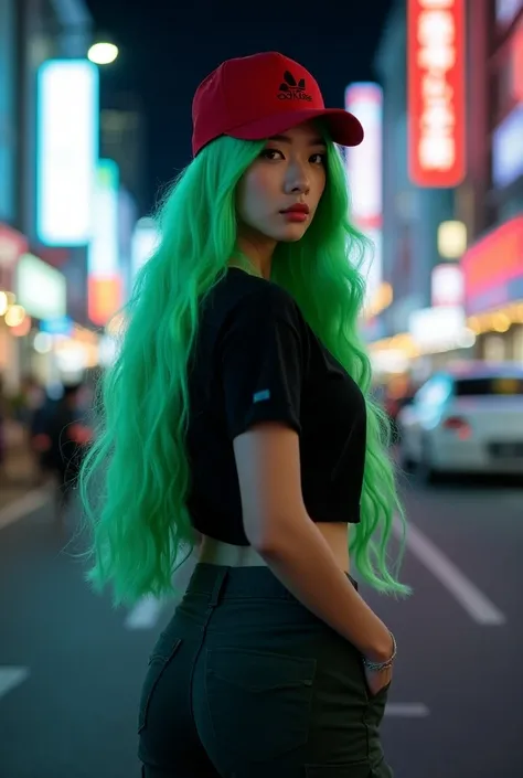  Korean girls 27 years old beautiful glowing long hair straight green rather fat color . Wearing a red adidas hat , wearing a black t-shirt, wearing cargo pants and wearing shoes .  Full from a distance medium stylish in the middle of urban at night real p...