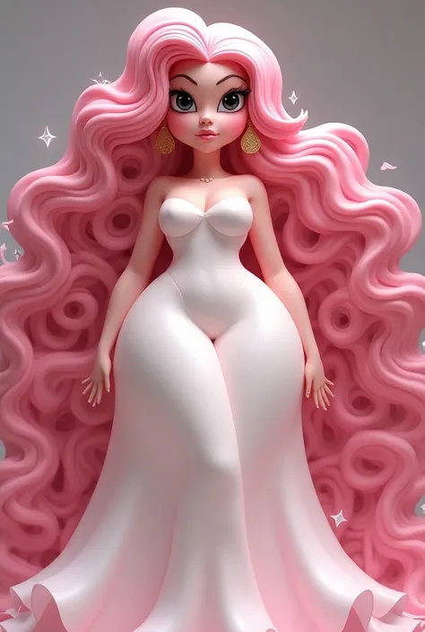 Cartoon. Voluptuous and gorgeous goddess with long, shiny curly pink hair styled in thick ringlets and bangs which have cheek length locks on either side. She pale pink skin, plump pink lips and black eyes with white star-shaped pupils. She has a curvy and...