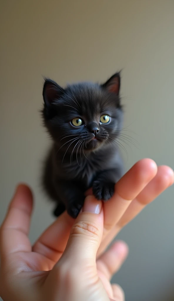 Real black baby cat riding on fingertips