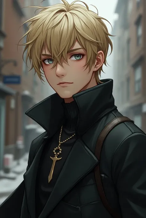 young man ,Male blonde, City alley, Grey eye ,  scoundrel wear ,  cape, Have scar , (masterpiece), ( best quality), (Ultra Detailed), very aesthetic, Illustration,  Perfect composition , Moist skin, complex details